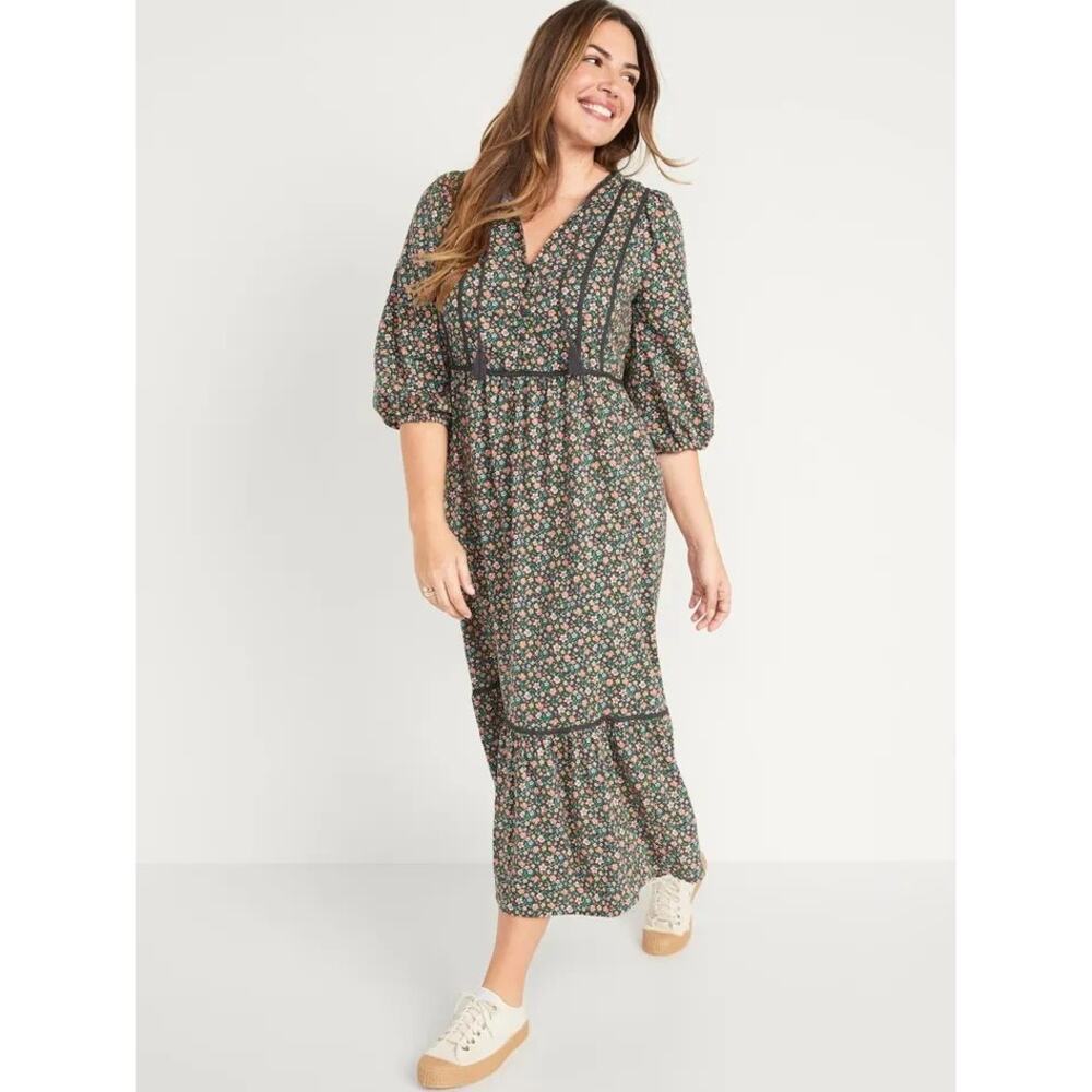 Old Navy Maxi Dress Women M Ditsy Floral Tiered Cottage Peasant Milkmaid Prairie